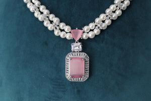 Pearl Diamond Necklace Statement Jewelry American Diamond Statement Necklace Indian Jewelry Pink CZ Necklace Indian Necklace