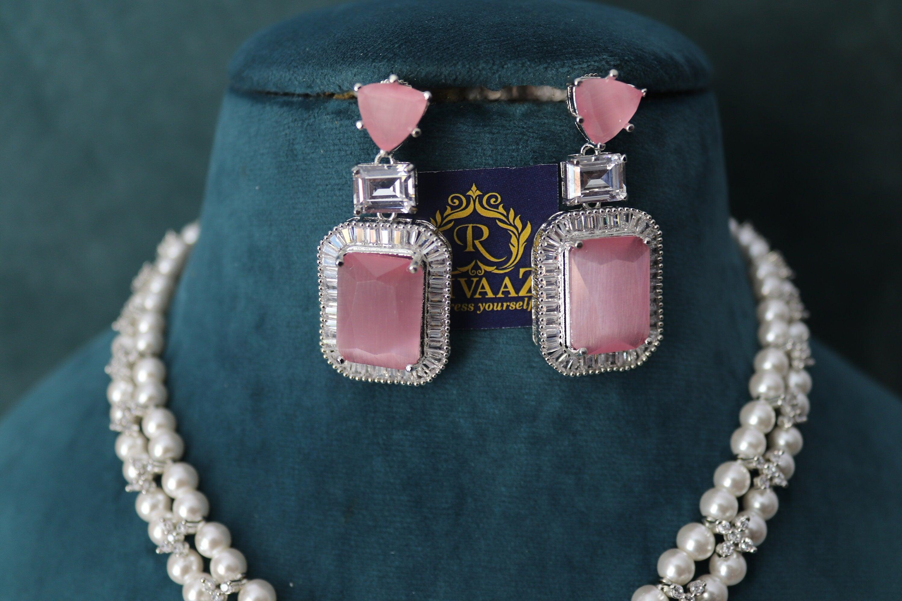 Pearl Diamond Necklace Statement Jewelry American Diamond Statement Necklace Indian Jewelry Pink CZ Necklace Indian Necklace