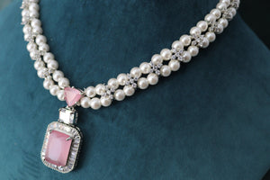 Pearl Diamond Necklace Statement Jewelry American Diamond Statement Necklace Indian Jewelry Pink CZ Necklace Indian Necklace