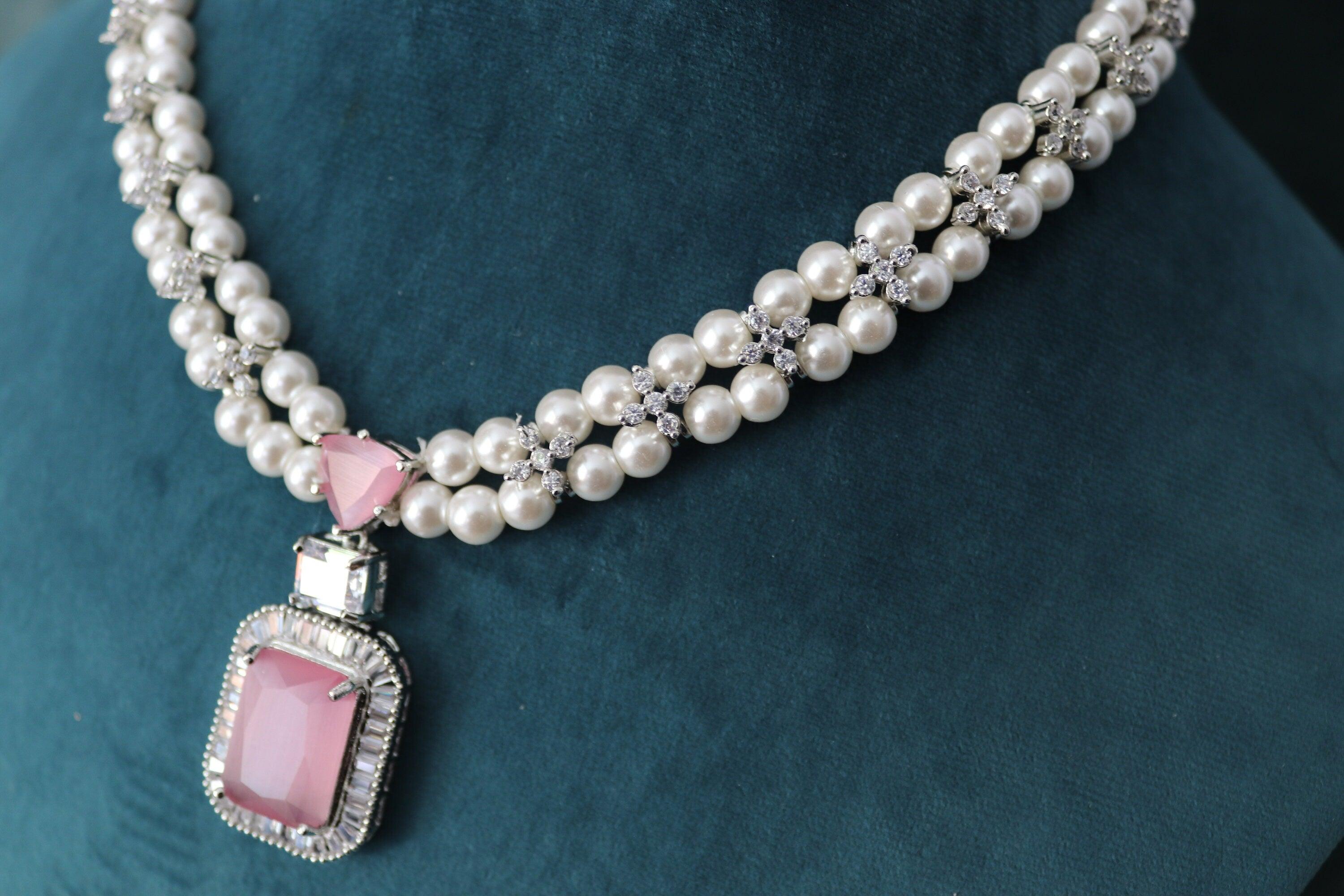 Pearl Diamond Necklace Statement Jewelry American Diamond Statement Necklace Indian Jewelry Pink CZ Necklace Indian Necklace