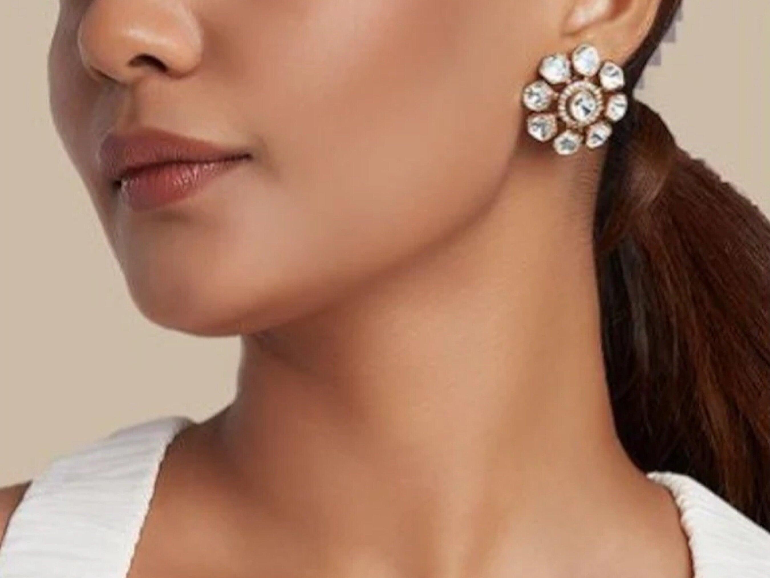 Moissanite Polki Studs / Kundan Polki Earrings/ Indian Jewelry/ Indian Earrings/ Bollywood Jewelry/ Pakistani Jewelry/ Studs