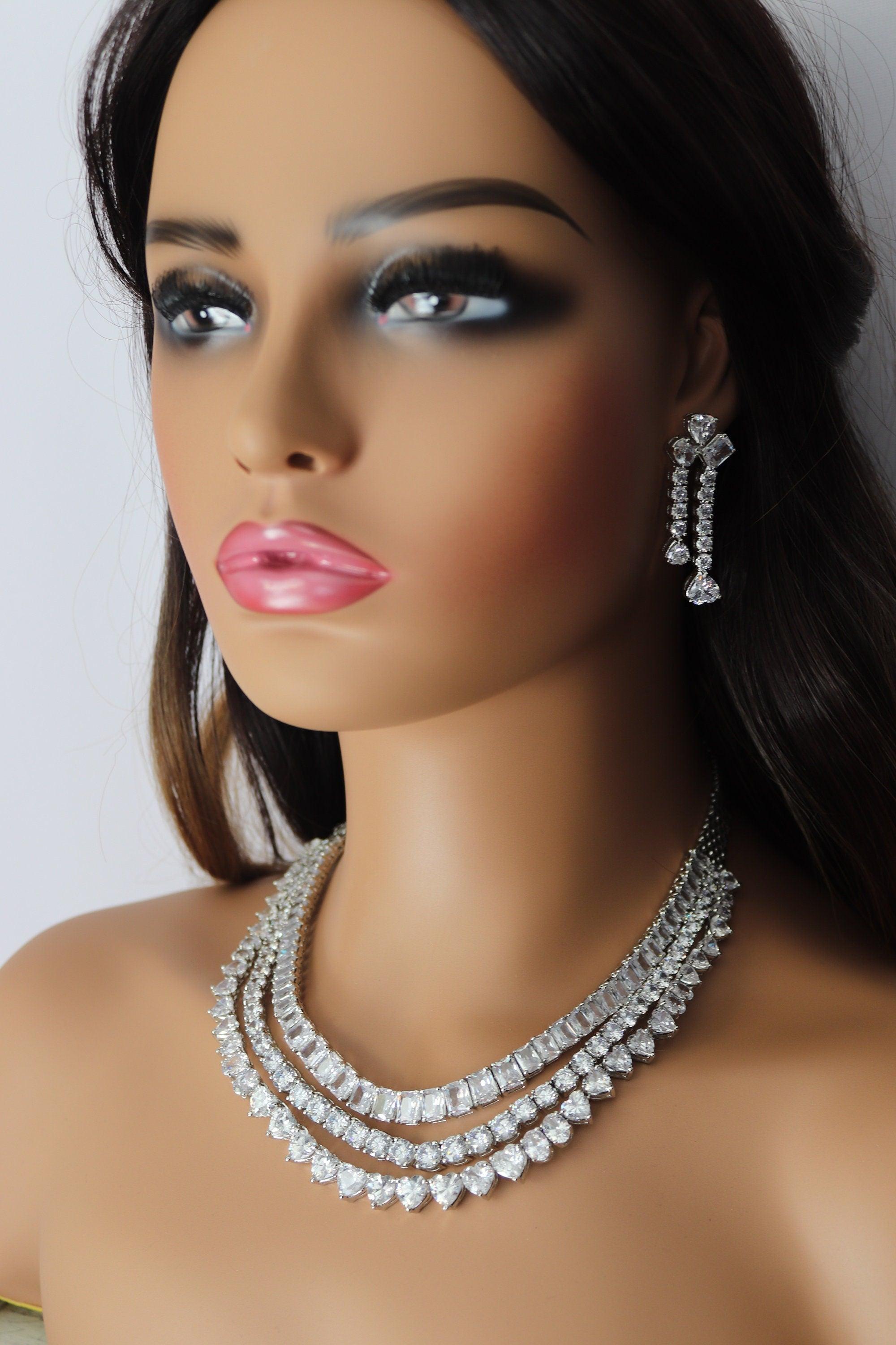 Premium Three Layer CZ Necklace Statement Necklace Diamond Necklace American Diamond Set Indian Jewelry Statement Bridal Necklace Wedding