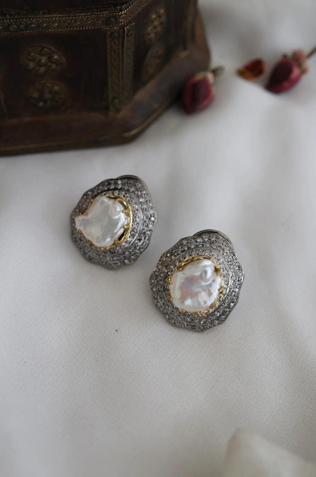 Sold Out Baroque Pearl Diamond CZ Studs Statement Earrings Indian Jewelry Indian Earrings Indian Studs Crystal Earrings Bollywood Jewelry