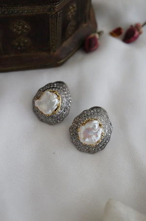 Sold Out Baroque Pearl Diamond CZ Studs Statement Earrings Indian Jewelry Indian Earrings Indian Studs Crystal Earrings Bollywood Jewelry