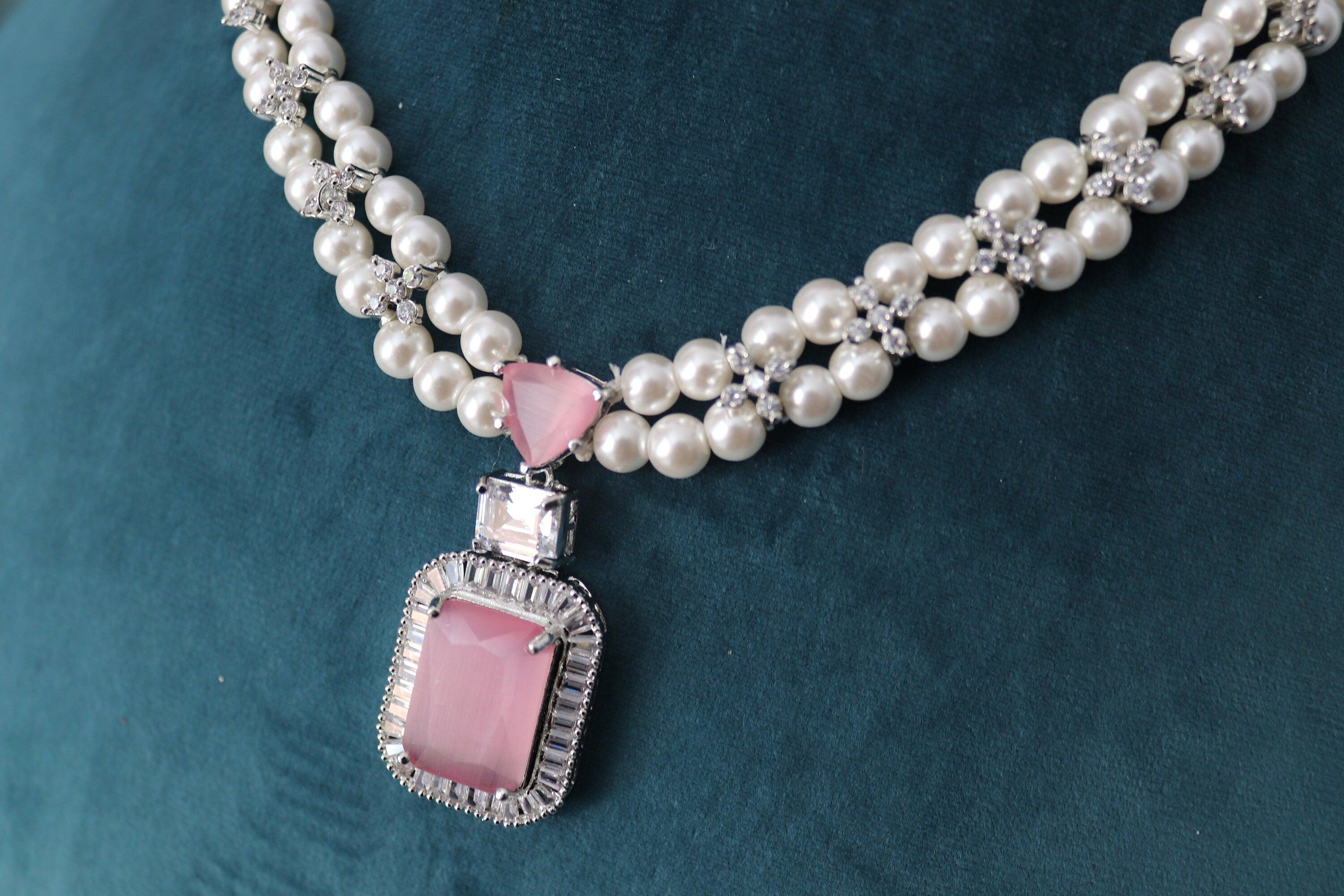 Pearl Diamond Necklace Statement Jewelry American Diamond Statement Necklace Indian Jewelry Pink CZ Necklace Indian Necklace