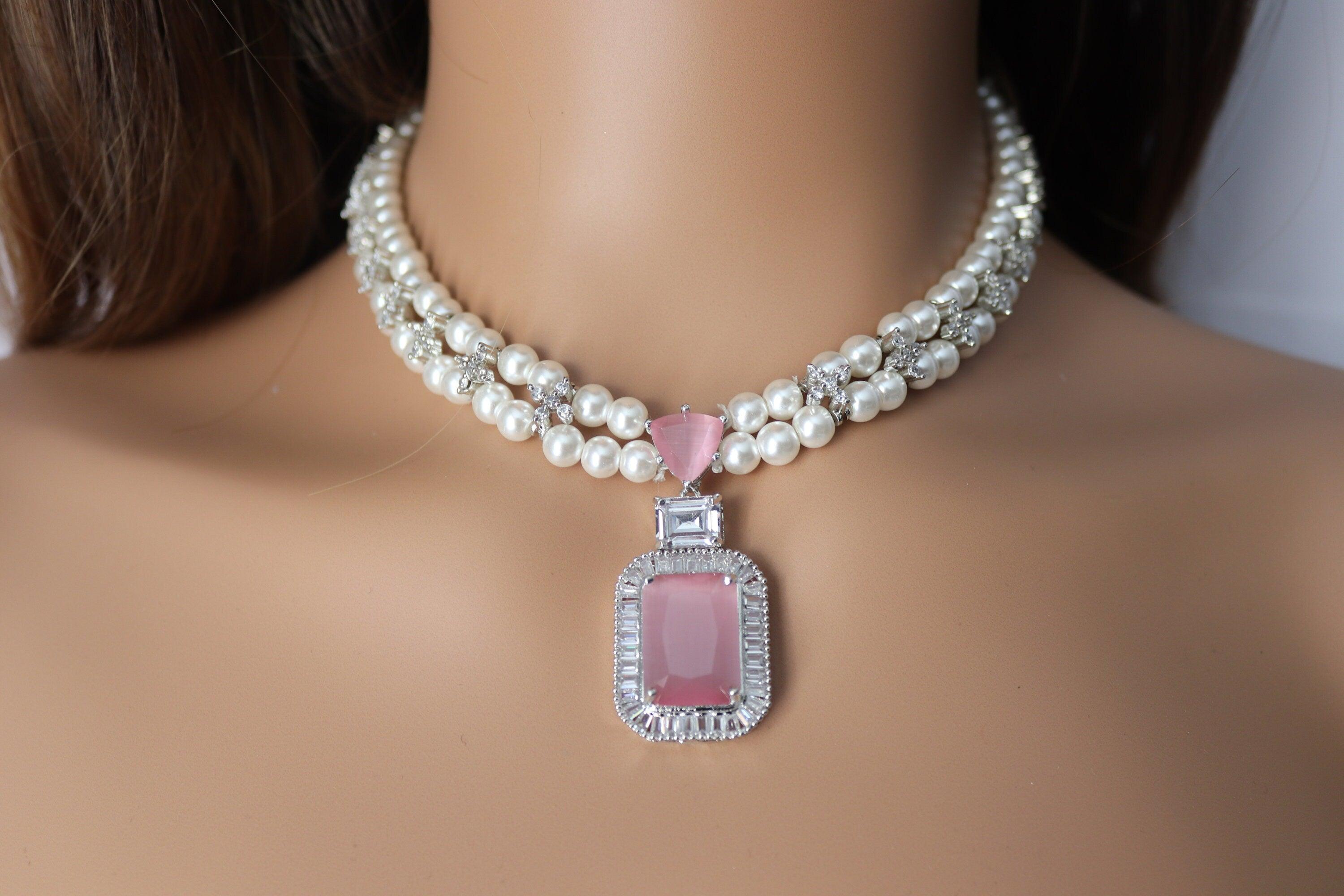 Pearl Diamond Necklace Statement Jewelry American Diamond Statement Necklace Indian Jewelry Pink CZ Necklace Indian Necklace
