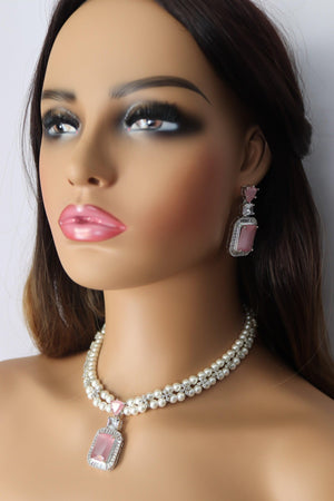 Pearl Diamond Necklace Statement Jewelry American Diamond Statement Necklace Indian Jewelry Pink CZ Necklace Indian Necklace
