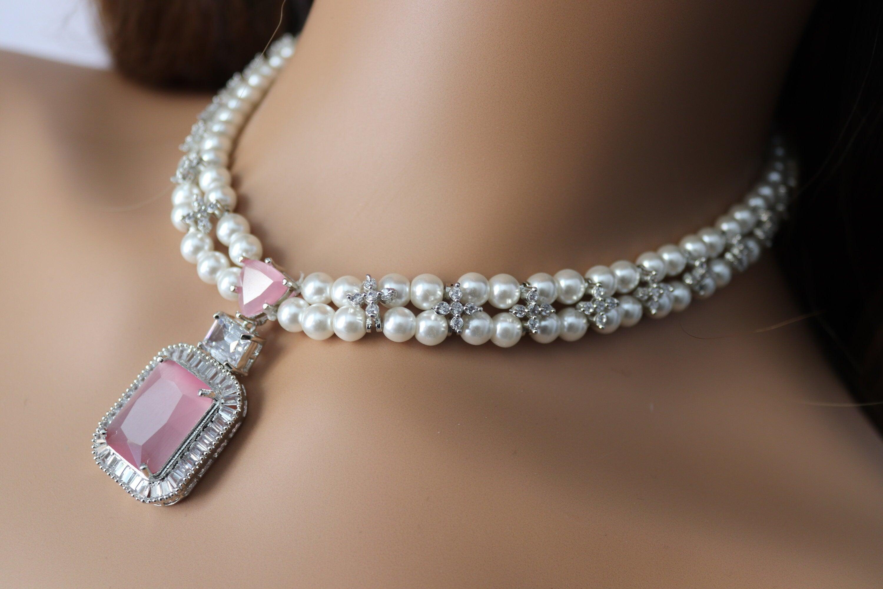 Pearl Diamond Necklace Statement Jewelry American Diamond Statement Necklace Indian Jewelry Pink CZ Necklace Indian Necklace