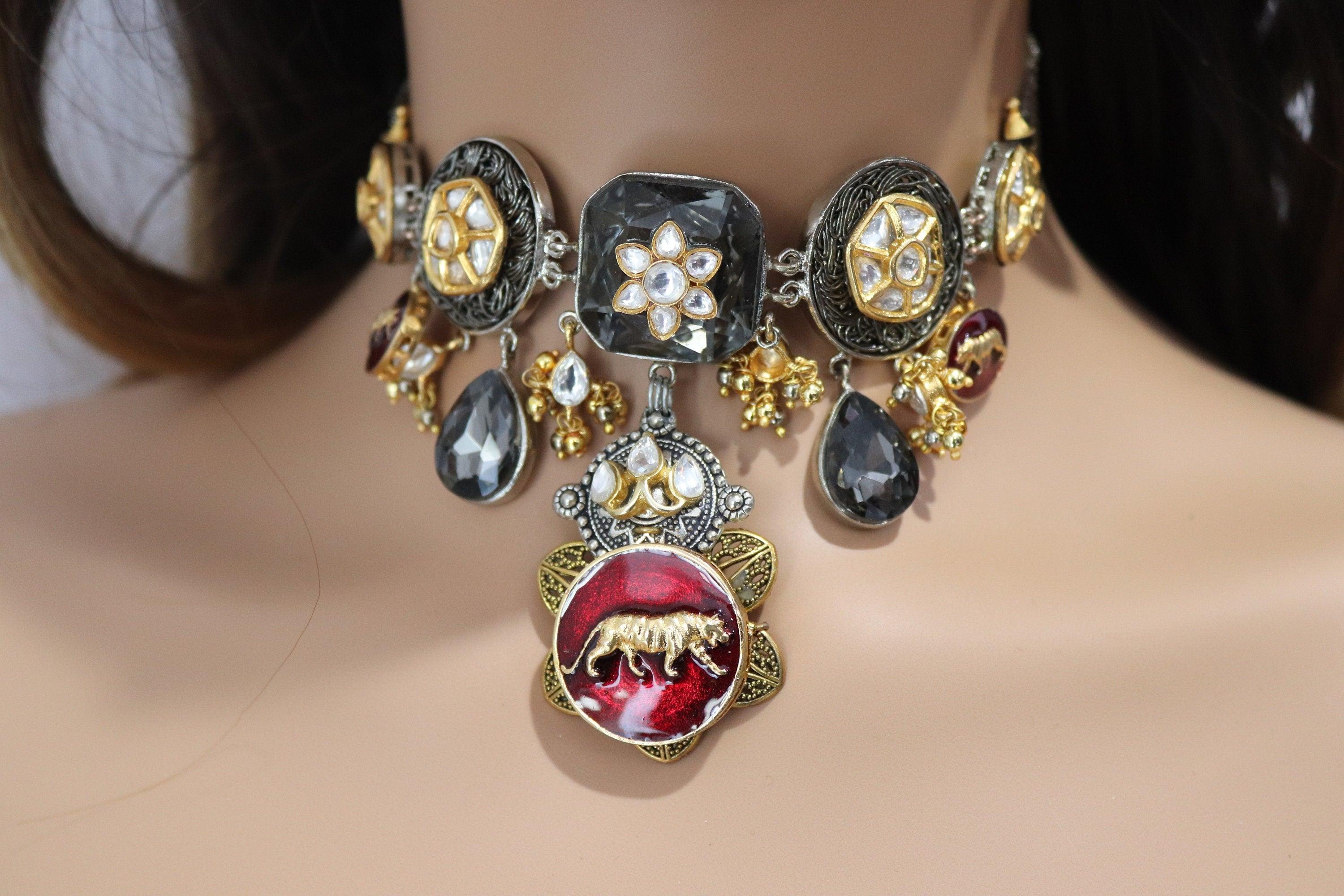 Inspired Necklace Fusion Indian Necklace Indian Choker Indian Jewelry Indian Necklace Kundan Necklace Oxidised Necklace