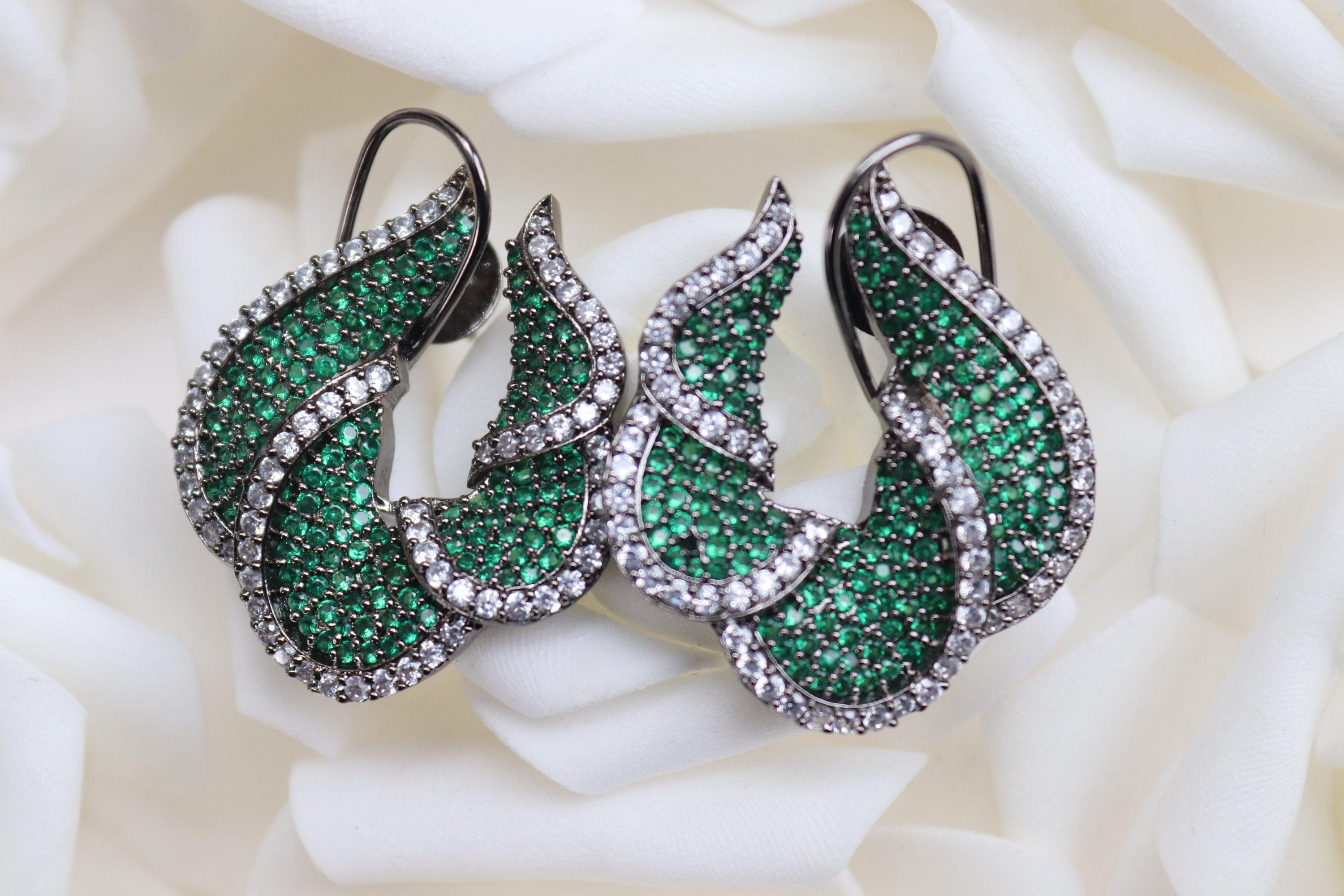 Emerald Green Pave CZ Diamond Studs Indian jewelry Indian Earrings Indian Studs Pakistani Studs American Diamond Earrings CZ Earrings