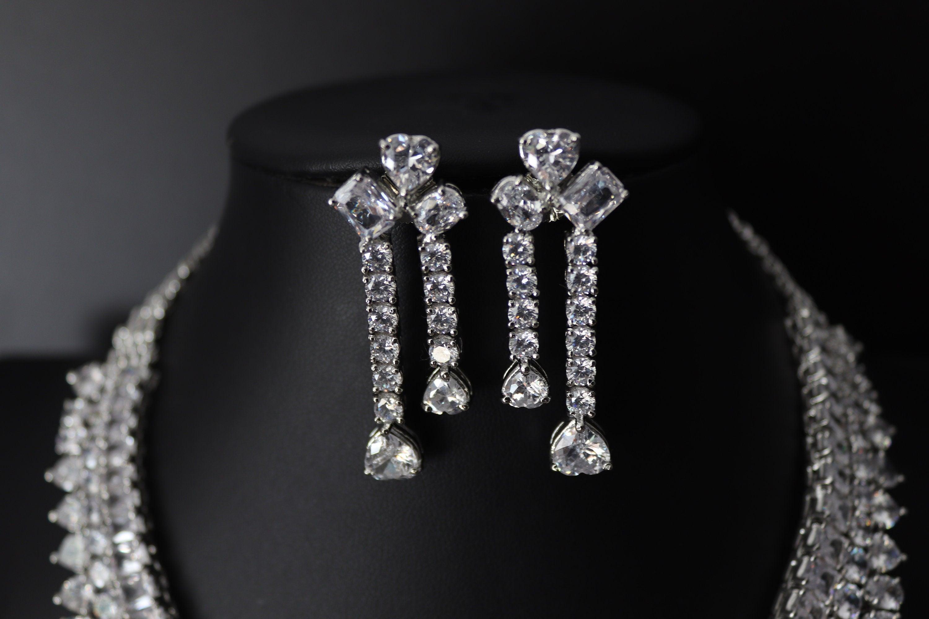 Premium Three Layer CZ Necklace Statement Necklace Diamond Necklace American Diamond Set Indian Jewelry Statement Bridal Necklace Wedding