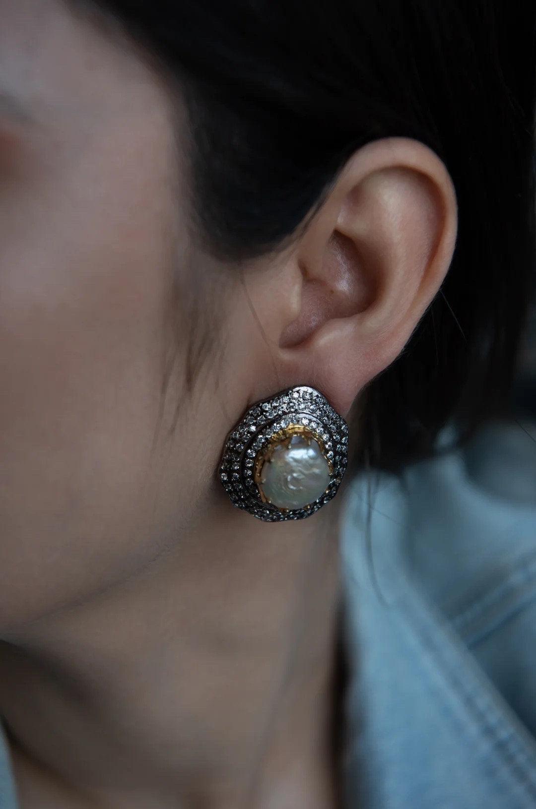Sold Out Baroque Pearl Diamond CZ Studs Statement Earrings Indian Jewelry Indian Earrings Indian Studs Crystal Earrings Bollywood Jewelry