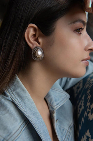 Sold Out Baroque Pearl Diamond CZ Studs Statement Earrings Indian Jewelry Indian Earrings Indian Studs Crystal Earrings Bollywood Jewelry