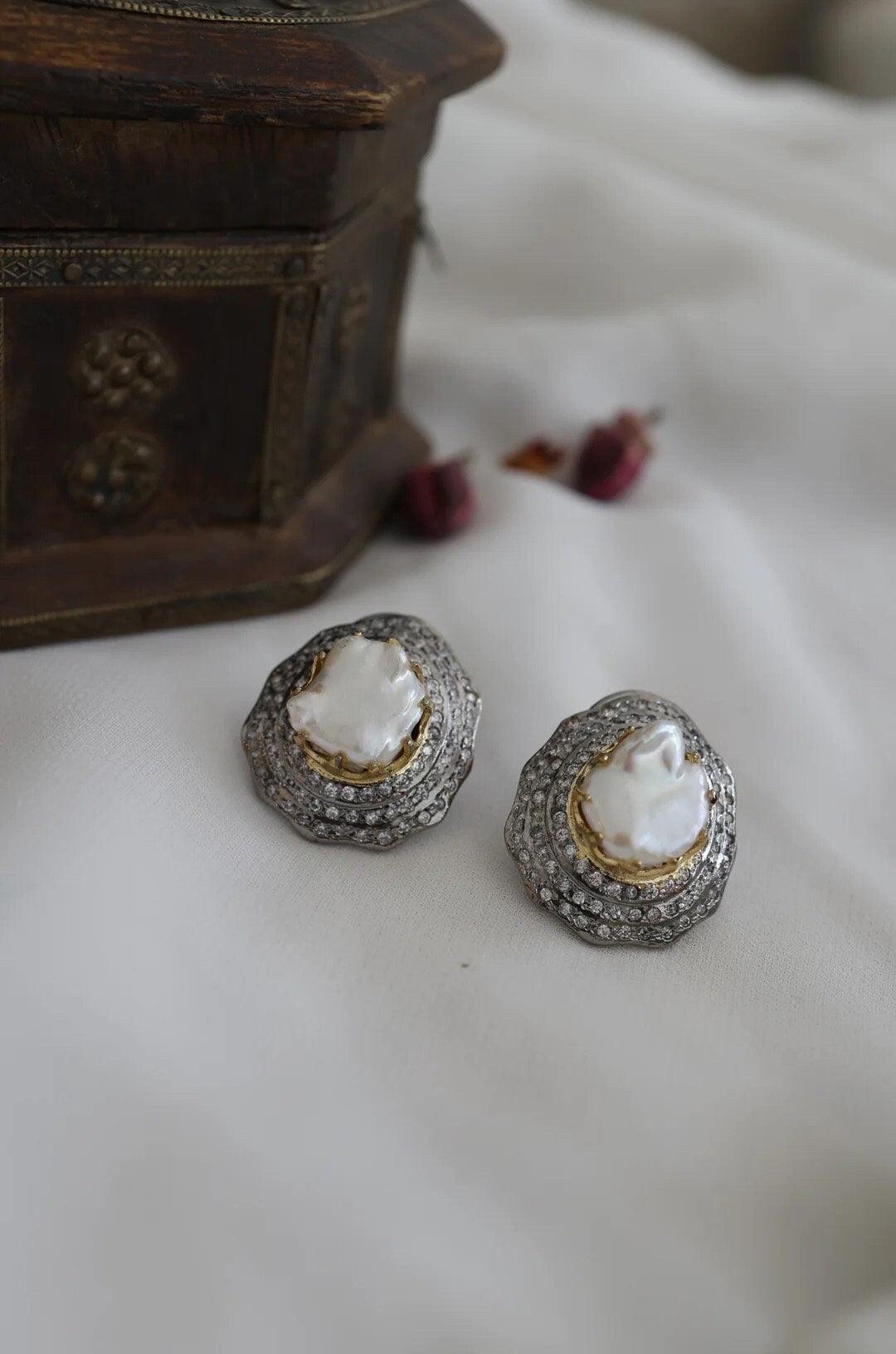 Sold Out Baroque Pearl Diamond CZ Studs Statement Earrings Indian Jewelry Indian Earrings Indian Studs Crystal Earrings Bollywood Jewelry