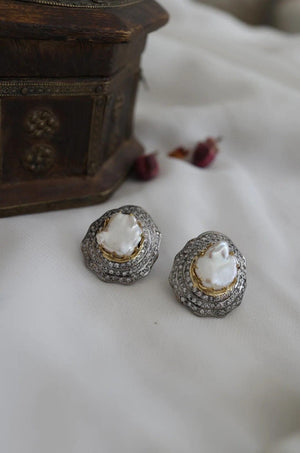 Sold Out Baroque Pearl Diamond CZ Studs Statement Earrings Indian Jewelry Indian Earrings Indian Studs Crystal Earrings Bollywood Jewelry