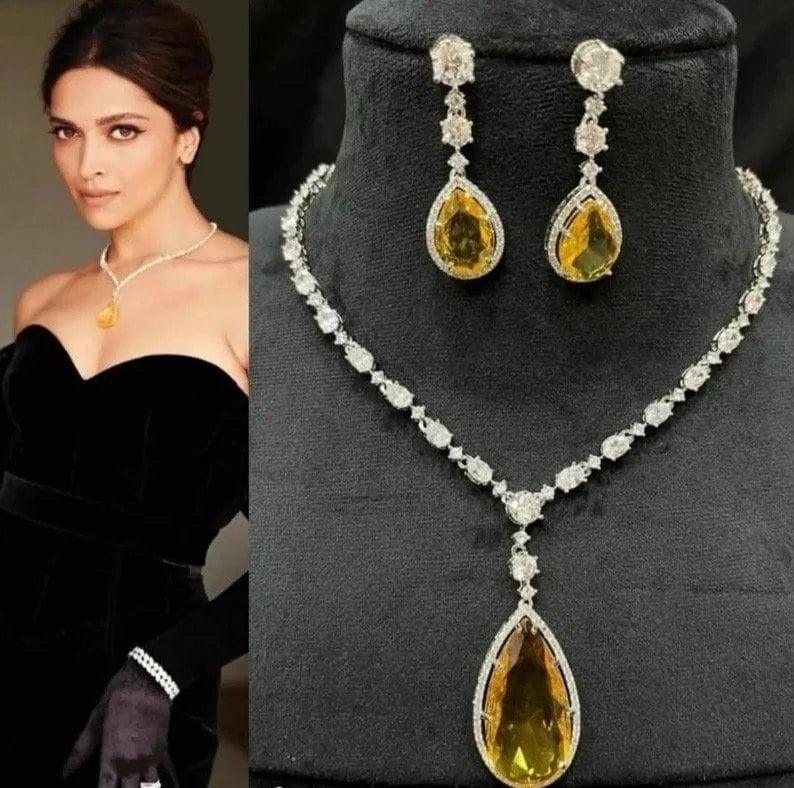 Deepika Inspired CZ Necklace Statement Necklace American Diamond Diamond Necklace Crystal Necklace Indian CZ Set