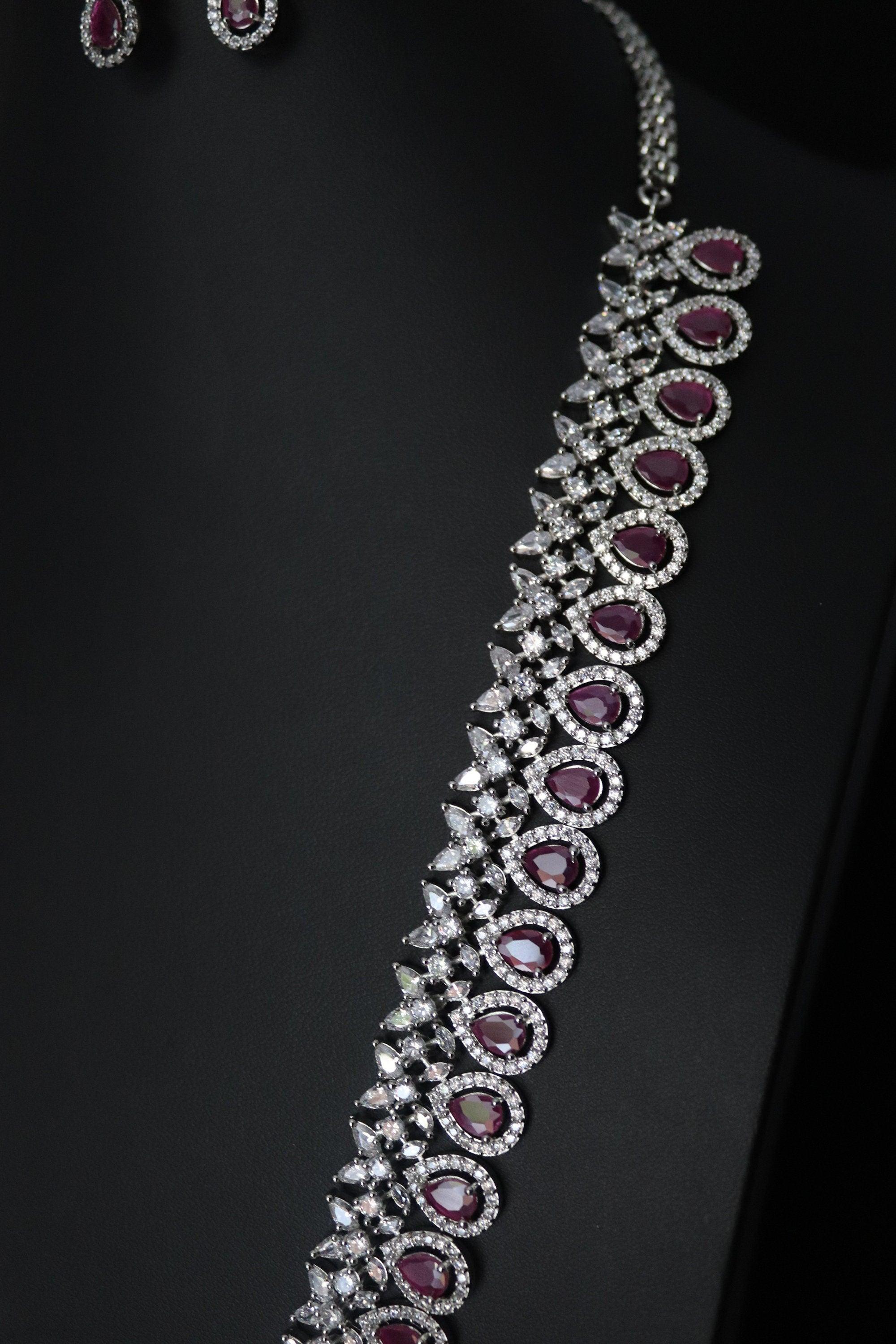 Sold Out April Silver Ruby CZ long Necklace with Earrings Long Indian Necklace Indian Jewelry Red Long Necklace Pakistani Jewelry Necklace