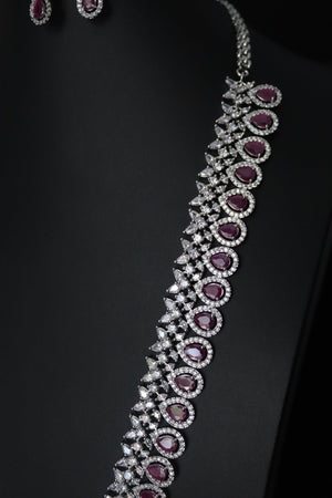 Sold Out April Silver Ruby CZ long Necklace with Earrings Long Indian Necklace Indian Jewelry Red Long Necklace Pakistani Jewelry Necklace