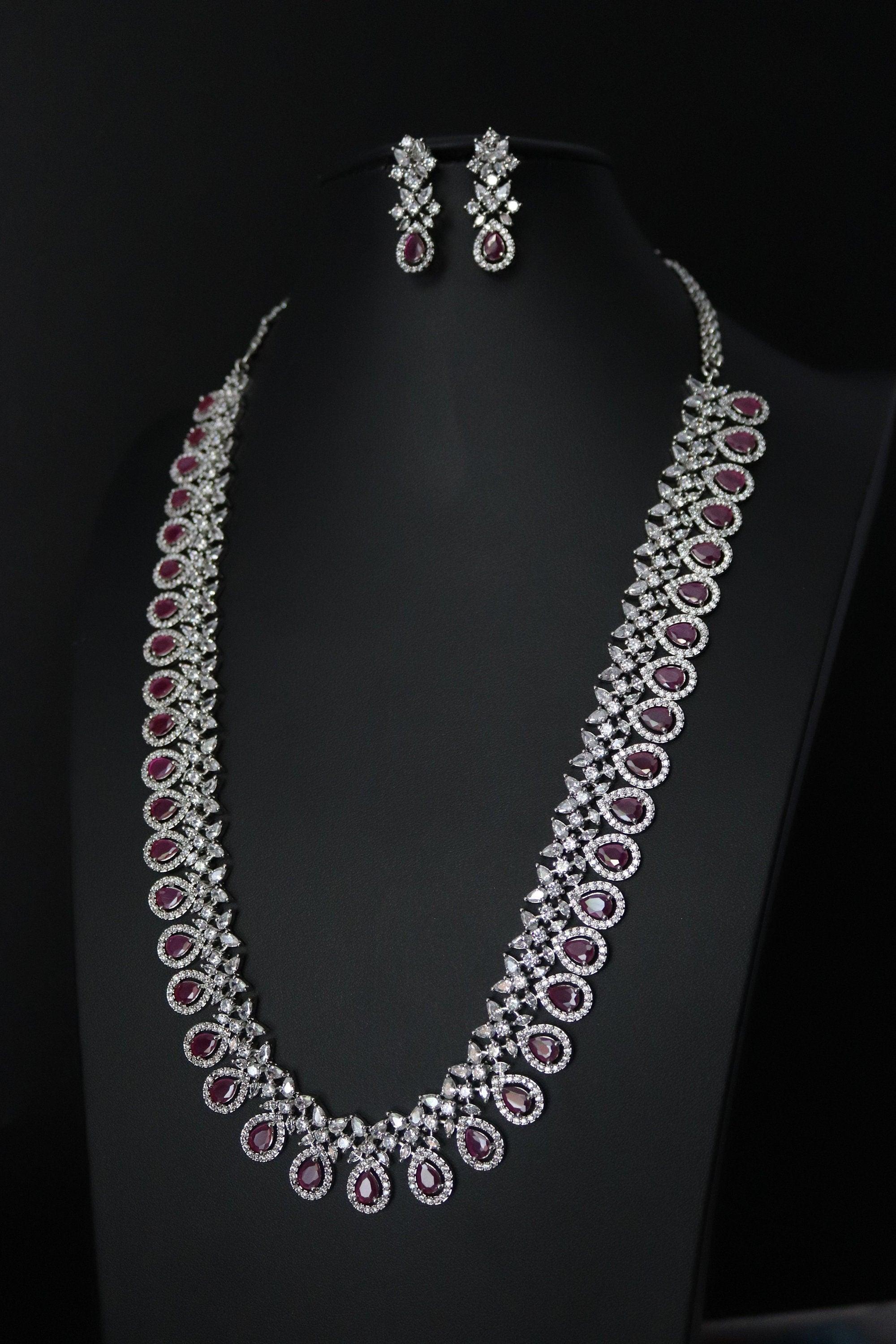 Sold Out April Silver Ruby CZ long Necklace with Earrings Long Indian Necklace Indian Jewelry Red Long Necklace Pakistani Jewelry Necklace
