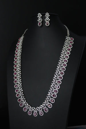 Sold Out April Silver Ruby CZ long Necklace with Earrings Long Indian Necklace Indian Jewelry Red Long Necklace Pakistani Jewelry Necklace