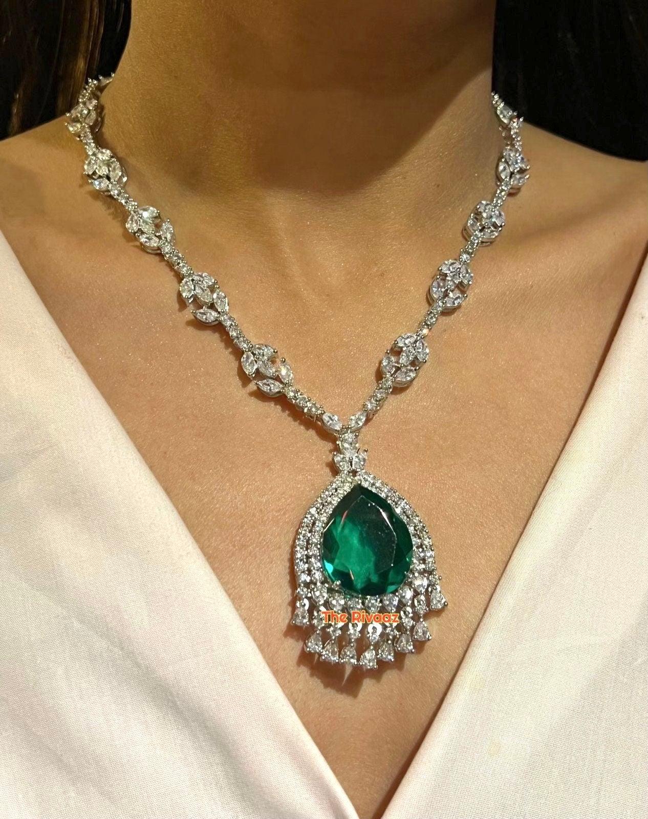 Nora Light Green Cz Diamond Pendant Necklace Crystal Necklace Indian Jewelry Pakistani Jewelry Statement Necklace American Diamond Necklace