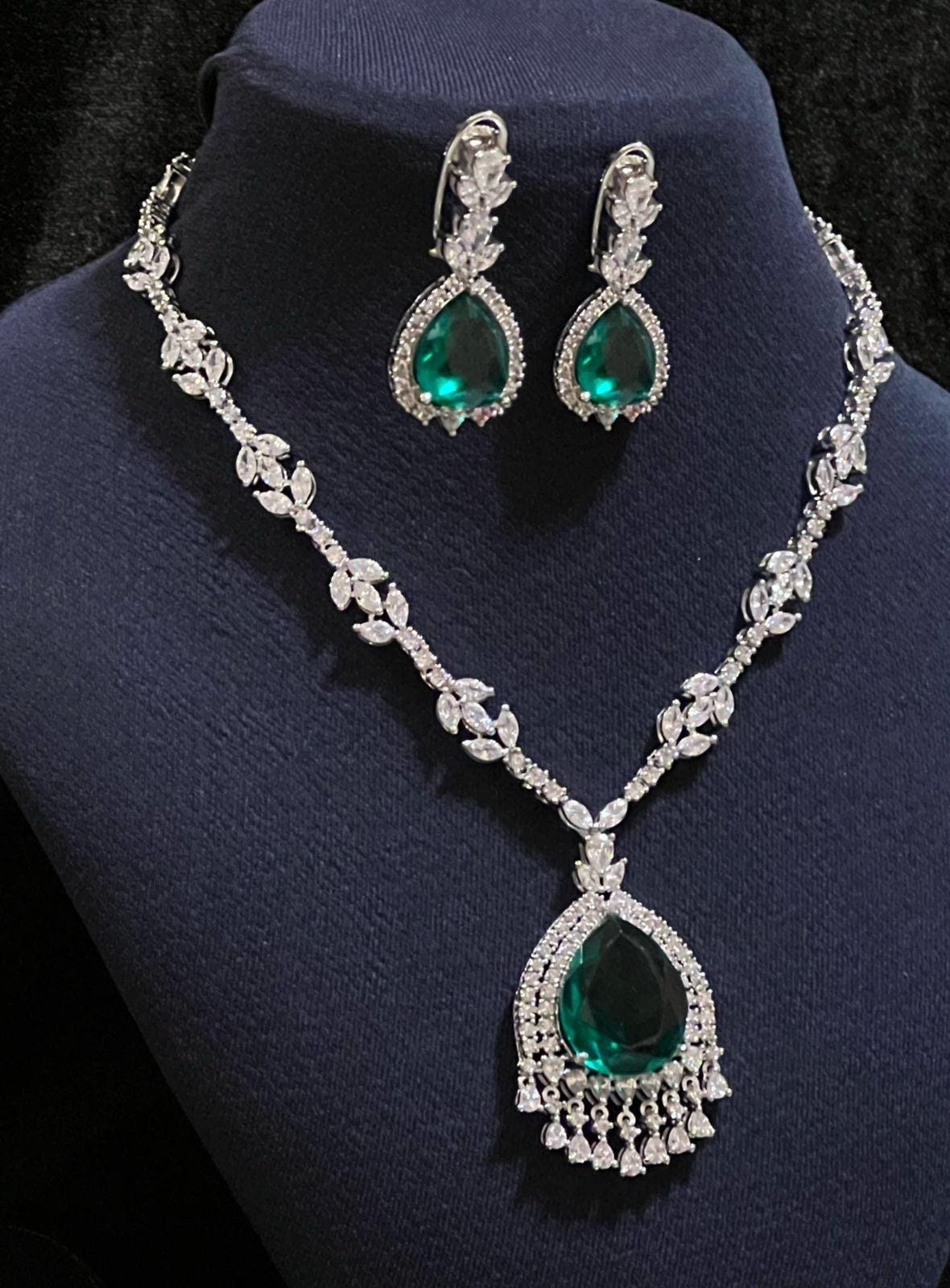 Nora Light Green Cz Diamond Pendant Necklace Crystal Necklace Indian Jewelry Pakistani Jewelry Statement Necklace American Diamond Necklace