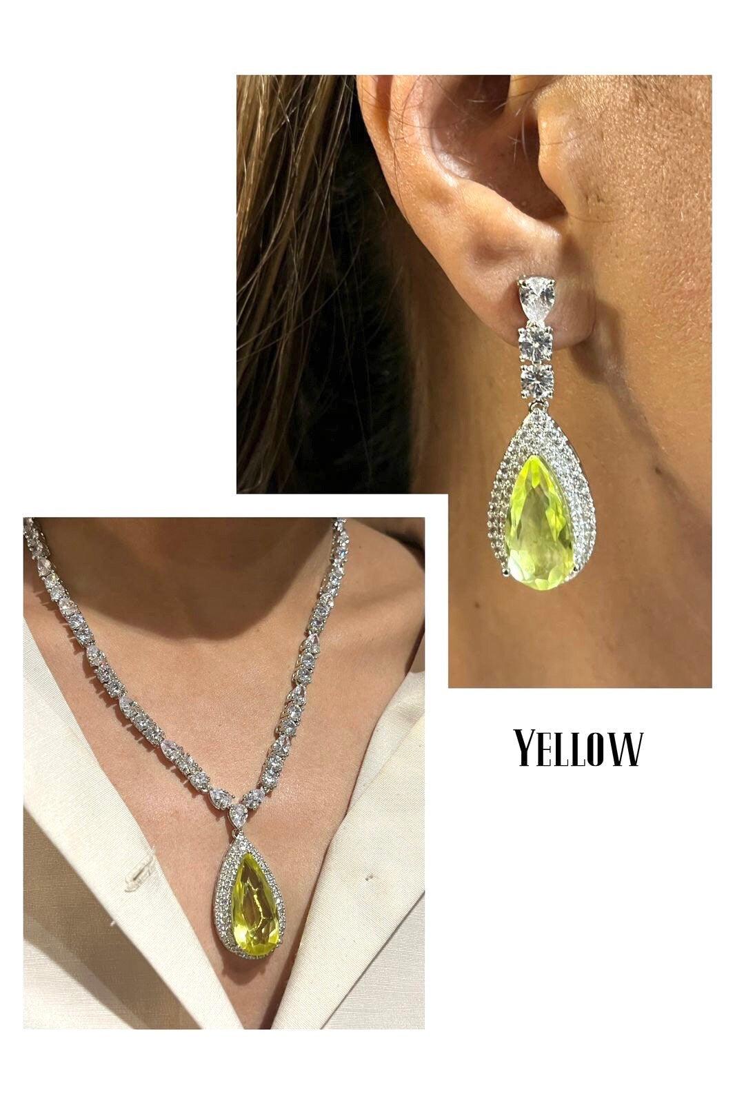 Anika Yellow Topaz Cz Necklace Pendant Zirconia Necklace Crystal Jewelry American Diamond Necklace Indian Jewelry Statement Necklace Long CZ