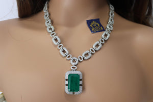 Iced CZ Chain Green Doublet Pendant Necklace With Earrings Crystal Necklace Silver Cuban Chain American Diamond Indian Necklace Emerald