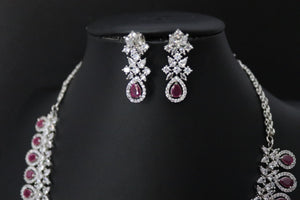 Sold Out April Silver Ruby CZ long Necklace with Earrings Long Indian Necklace Indian Jewelry Red Long Necklace Pakistani Jewelry Necklace