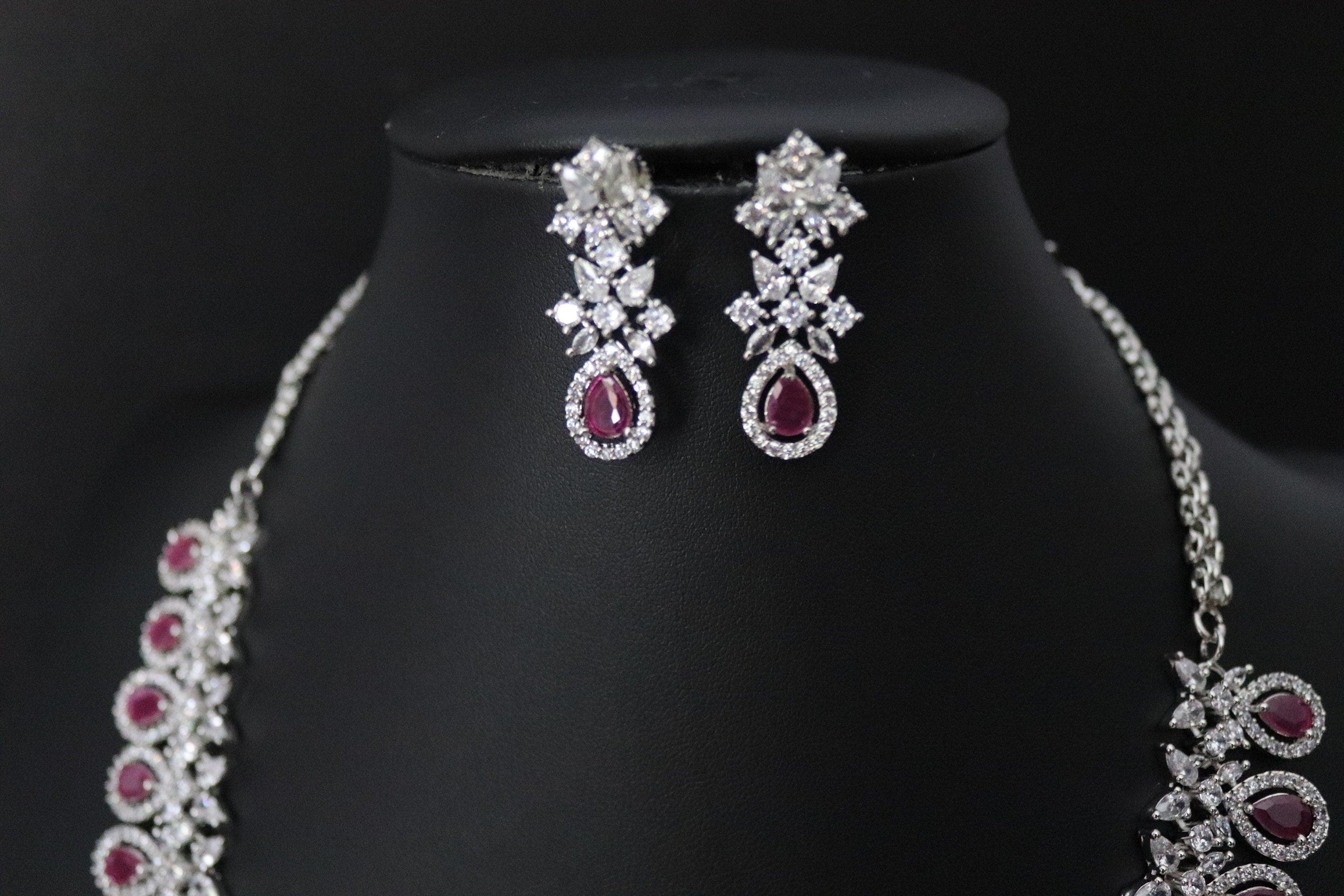 Sold Out April Silver Ruby CZ long Necklace with Earrings Long Indian Necklace Indian Jewelry Red Long Necklace Pakistani Jewelry Necklace