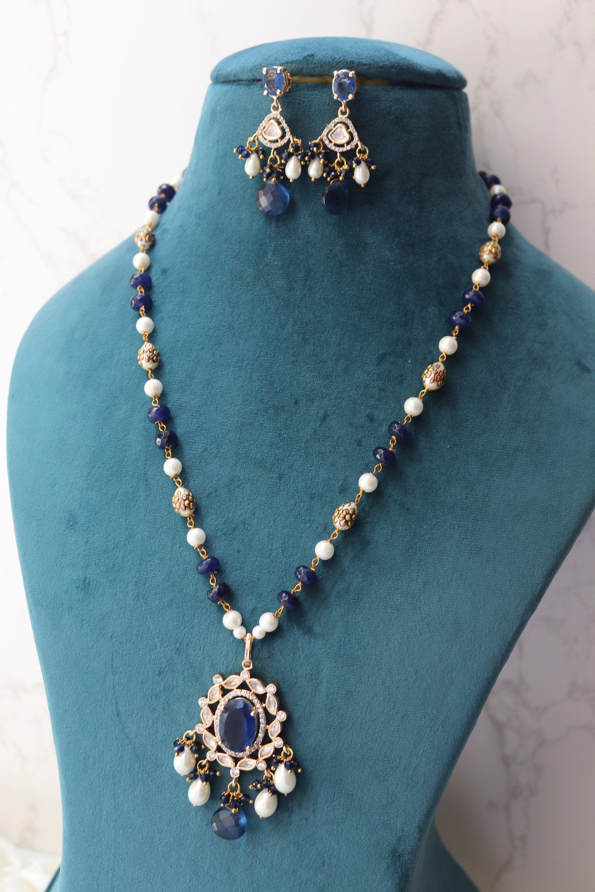 Priya Blue Long Kundan Necklace Indian Long Necklace Sari Necklace Indian Jewelry Pakistani Jewelry Long Polki Necklace Indian Necklace Set