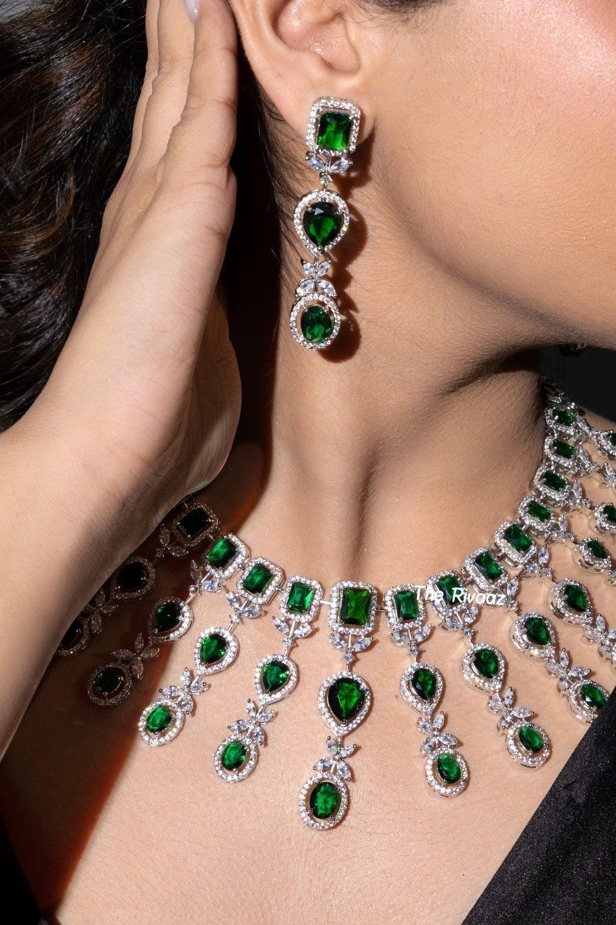 Pre Order Emerald Green CZ Necklace Indian Necklace American Diamond Necklace Set Indian Jewelry Pakistani Jewelry Crystal Necklace