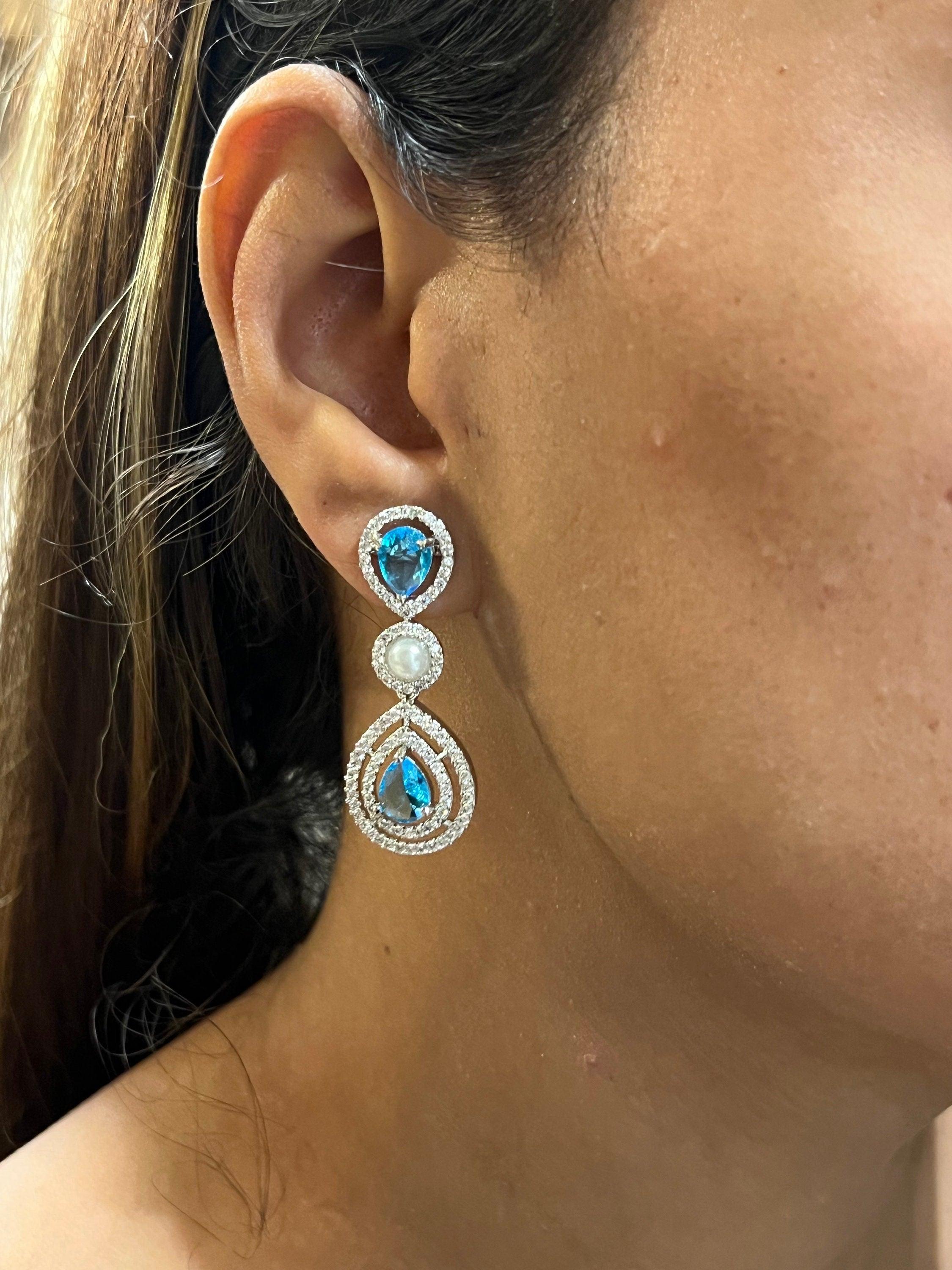 Kysha Aqua Light Blue CZ Pearl Choker with Earrings and Tikka Indian Bridal Indian Set American Diamond Necklace Set Crystal Necklace