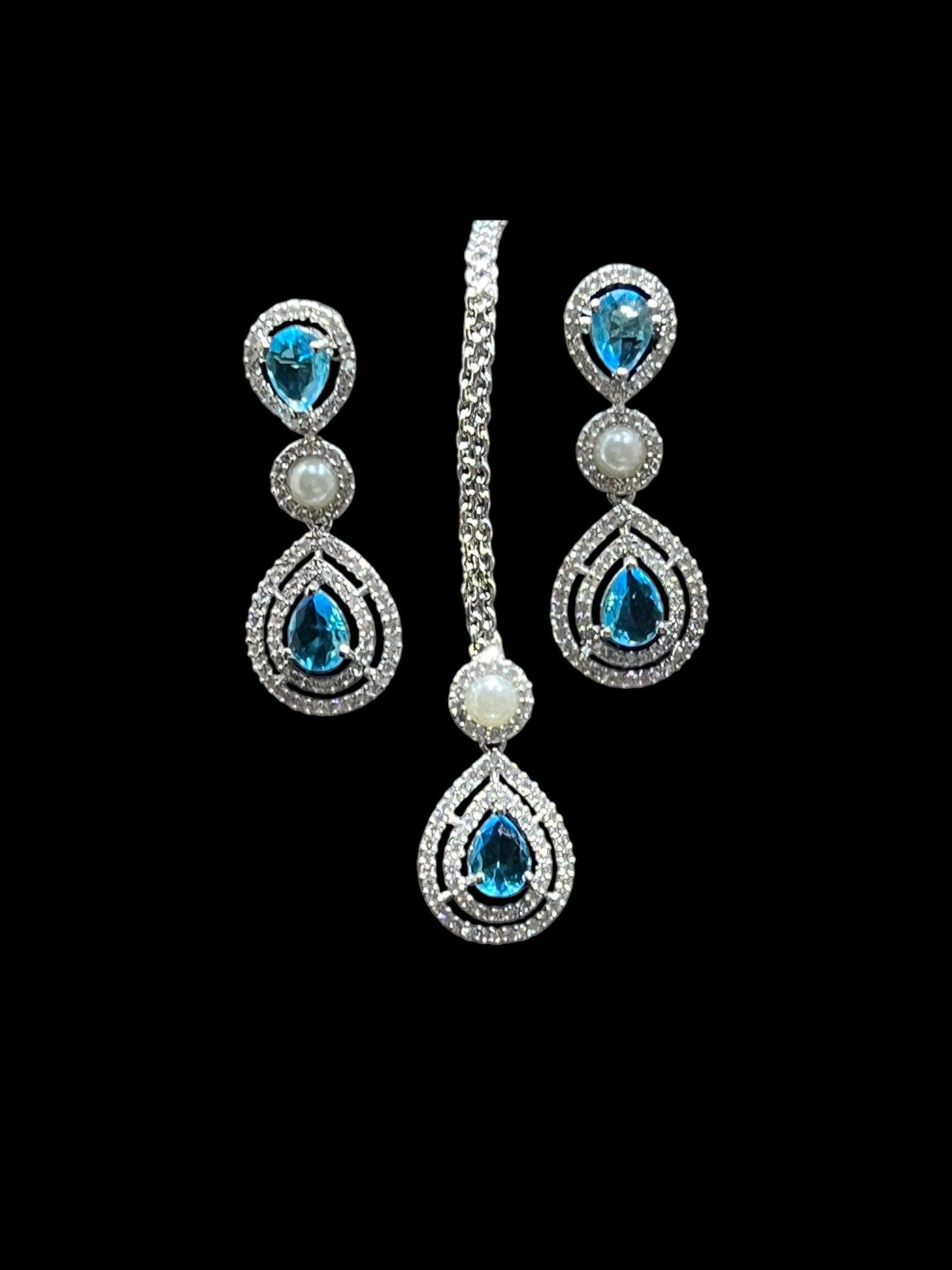 Kysha Aqua Light Blue CZ Pearl Choker with Earrings and Tikka Indian Bridal Indian Set American Diamond Necklace Set Crystal Necklace