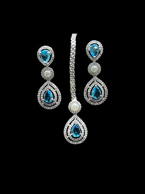 Kysha Aqua Light Blue CZ Pearl Choker with Earrings and Tikka Indian Bridal Indian Set American Diamond Necklace Set Crystal Necklace