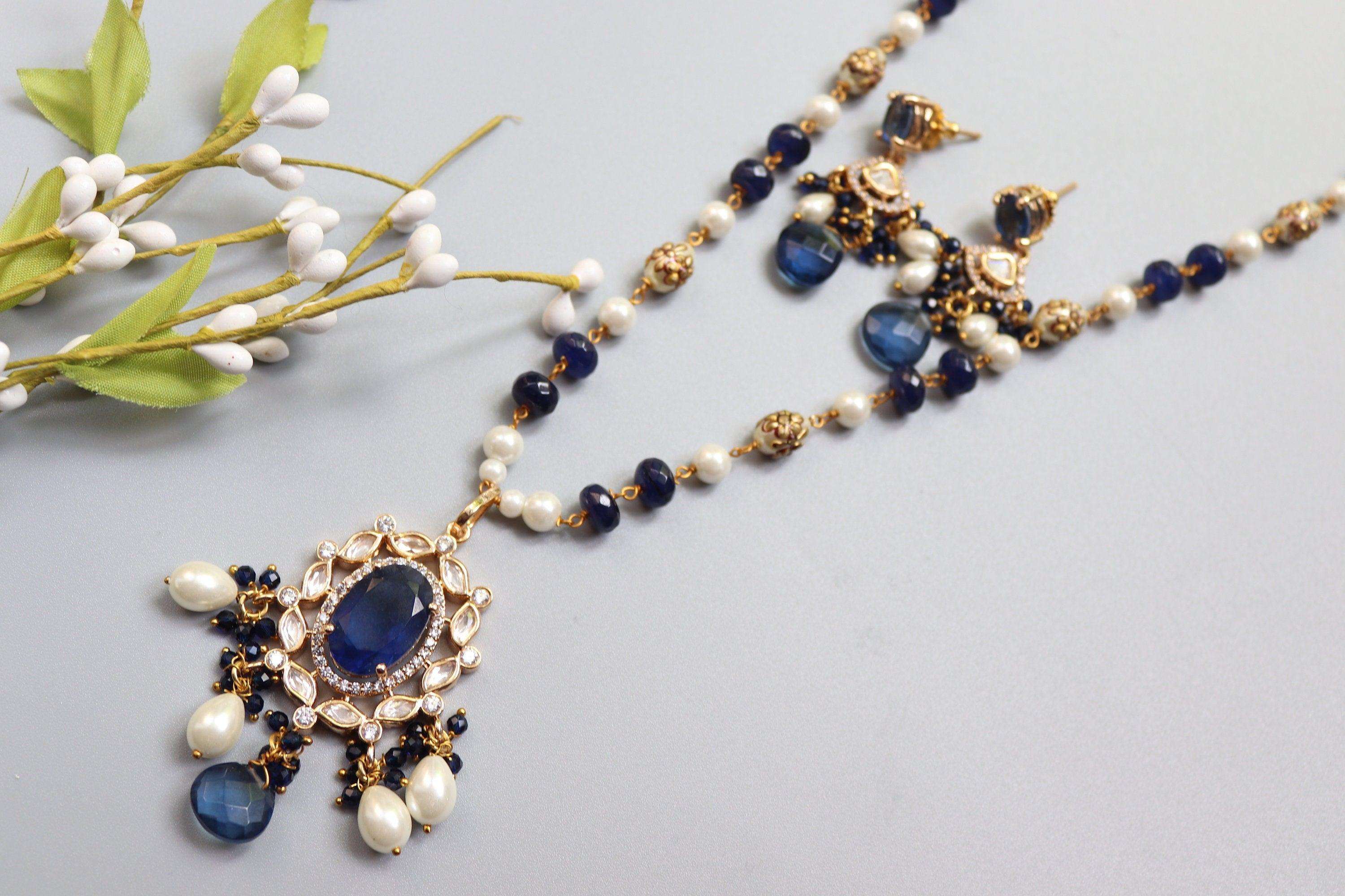 Priya Blue Long Kundan Necklace Indian Long Necklace Sari Necklace Indian Jewelry Pakistani Jewelry Long Polki Necklace Indian Necklace Set