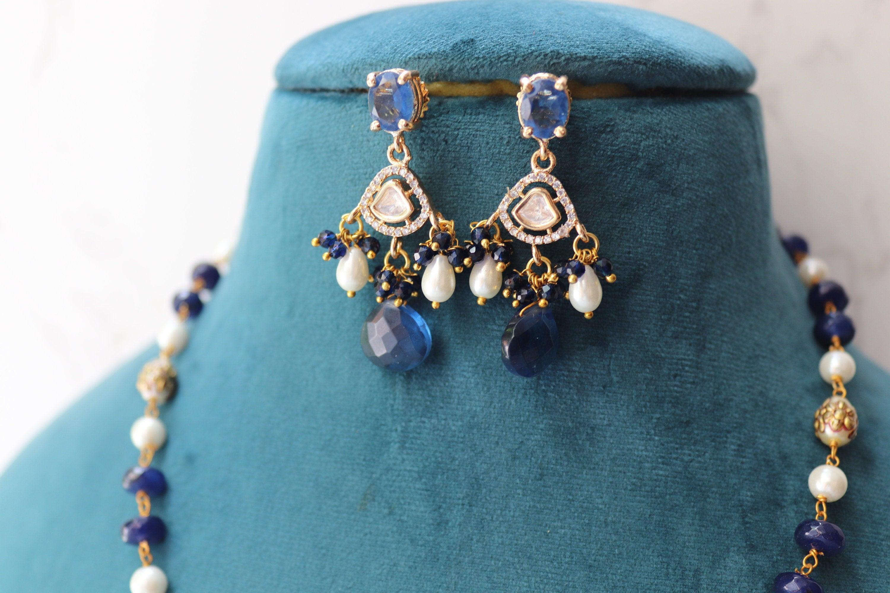 Priya Blue Long Kundan Necklace Indian Long Necklace Sari Necklace Indian Jewelry Pakistani Jewelry Long Polki Necklace Indian Necklace Set