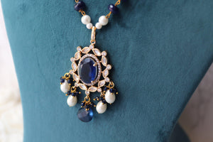 Priya Blue Long Kundan Necklace Indian Long Necklace Sari Necklace Indian Jewelry Pakistani Jewelry Long Polki Necklace Indian Necklace Set