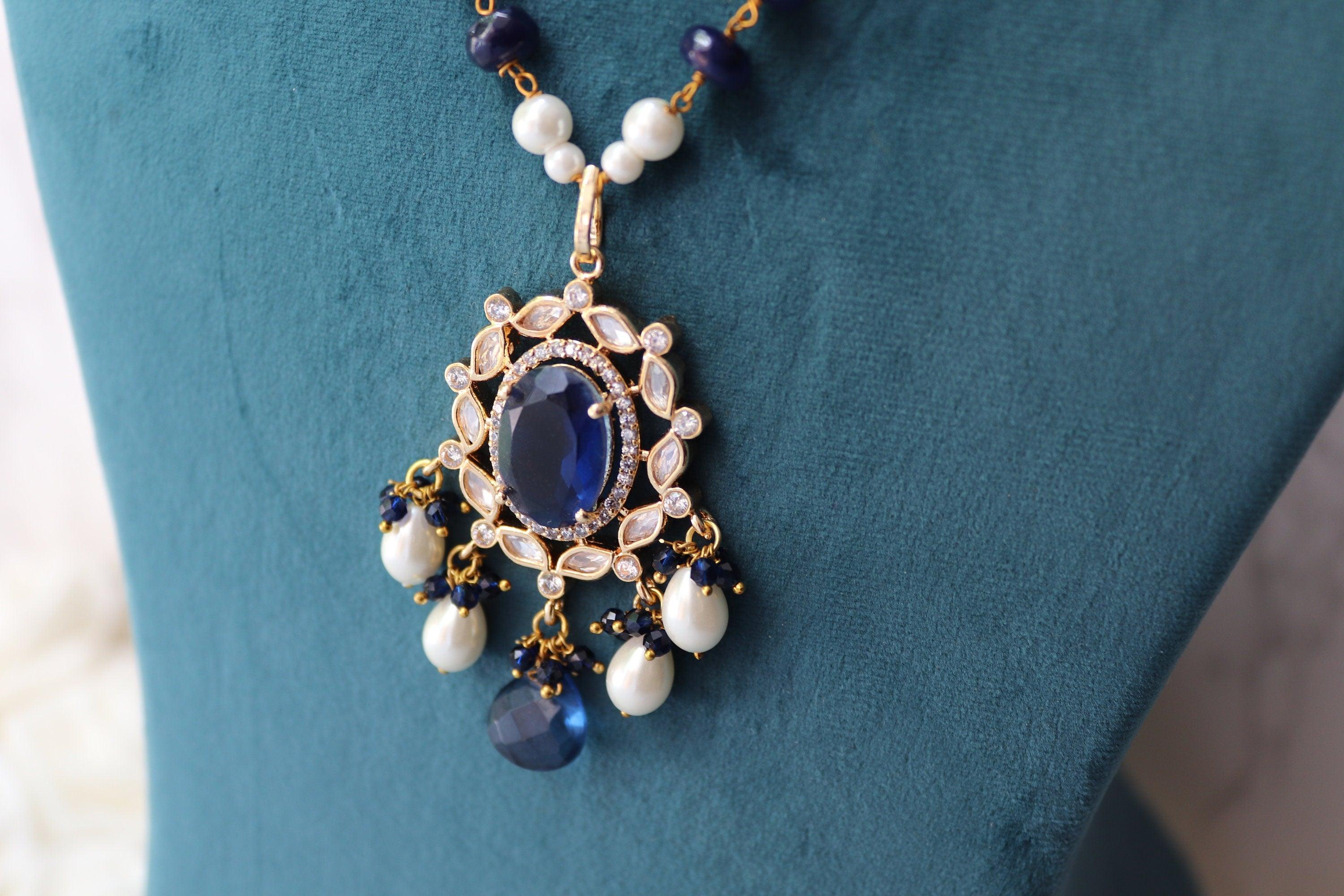 Priya Blue Long Kundan Necklace Indian Long Necklace Sari Necklace Indian Jewelry Pakistani Jewelry Long Polki Necklace Indian Necklace Set