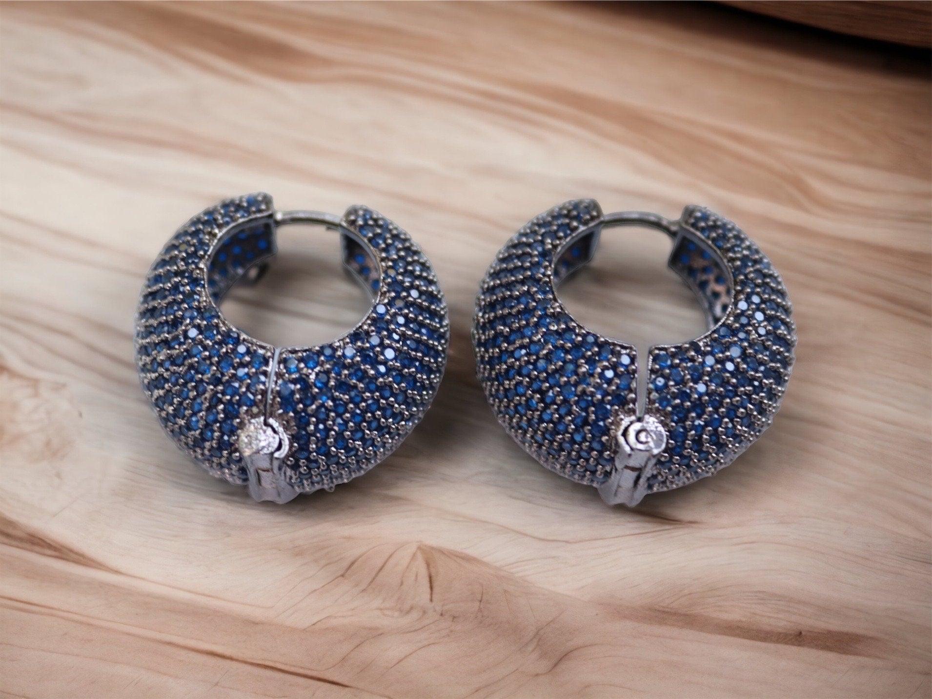 Invisible Setting Blue Pave CZ Diamond hoops Indian Earrings Pakistani Jewelry Indian Hoop Earrings Punjabi Jewelry Desi Jewelry Bollywood
