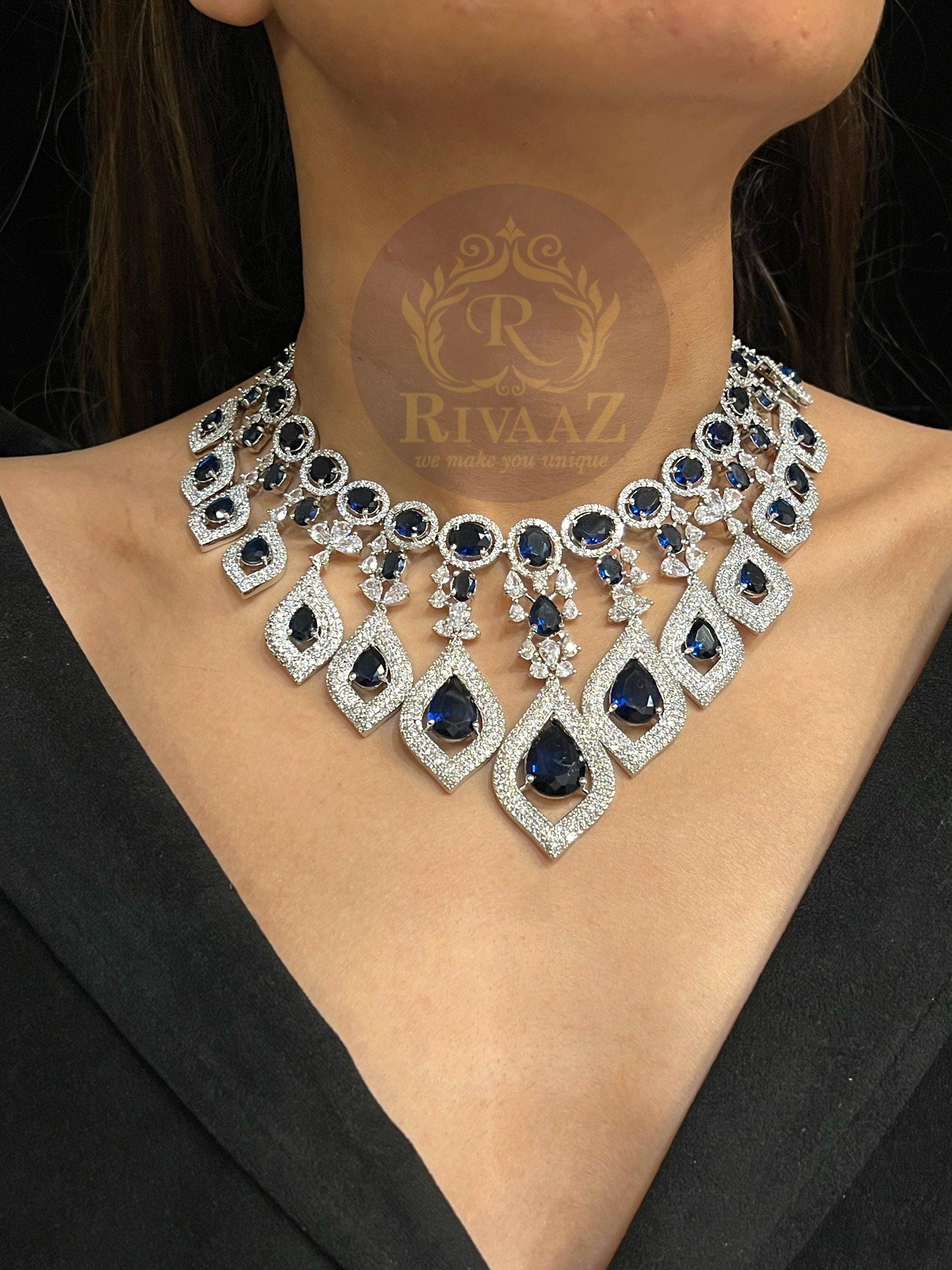 Bella Sapphire Blue CZ Necklace With Earrings and Tikka American Diamond CZ Necklace Emerald Choker Necklace Indian Cubic Zirconia Necklace