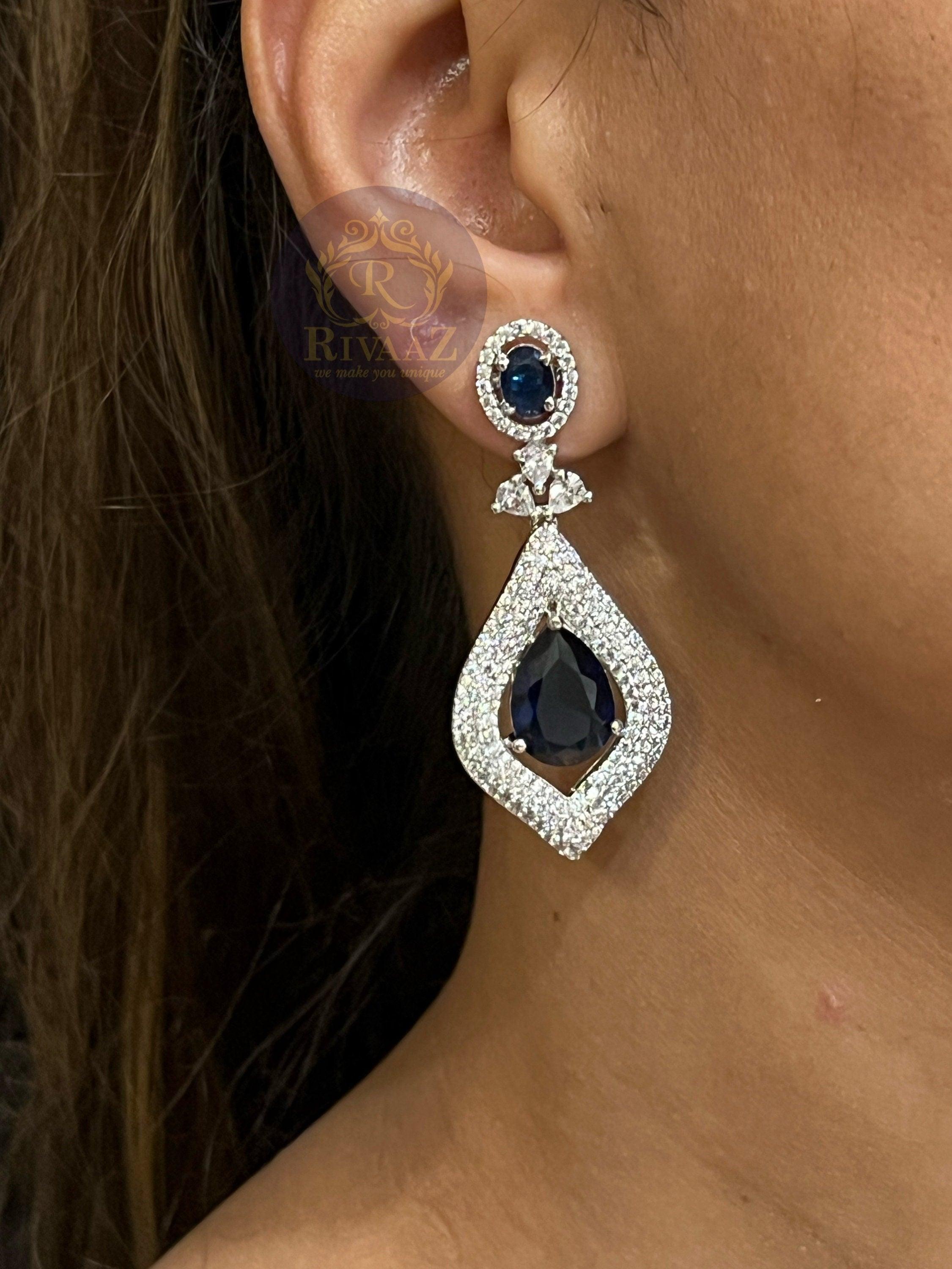 Bella Sapphire Blue CZ Necklace With Earrings and Tikka American Diamond CZ Necklace Emerald Choker Necklace Indian Cubic Zirconia Necklace