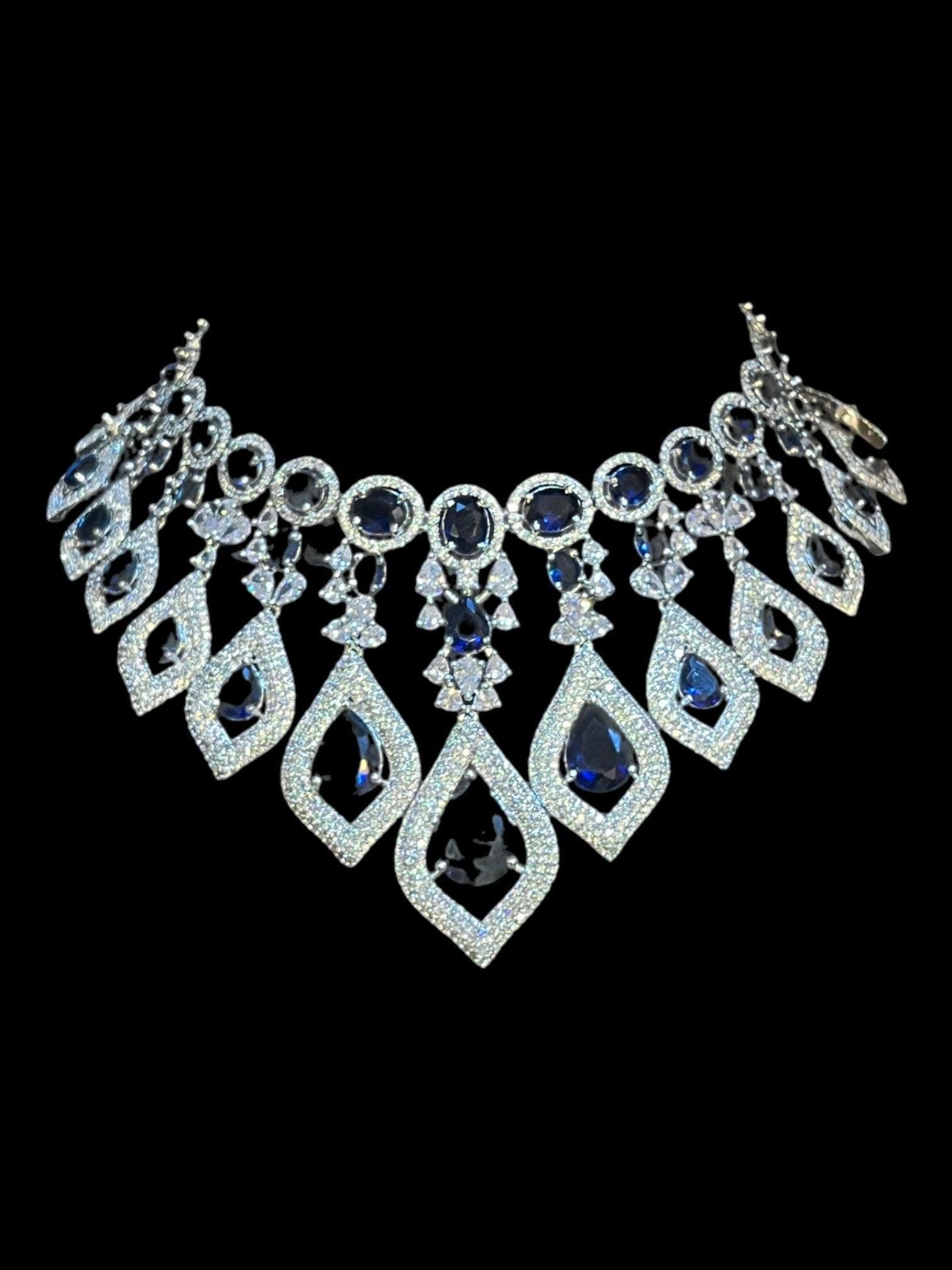 Bella Sapphire Blue CZ Necklace With Earrings and Tikka American Diamond CZ Necklace Emerald Choker Necklace Indian Cubic Zirconia Necklace