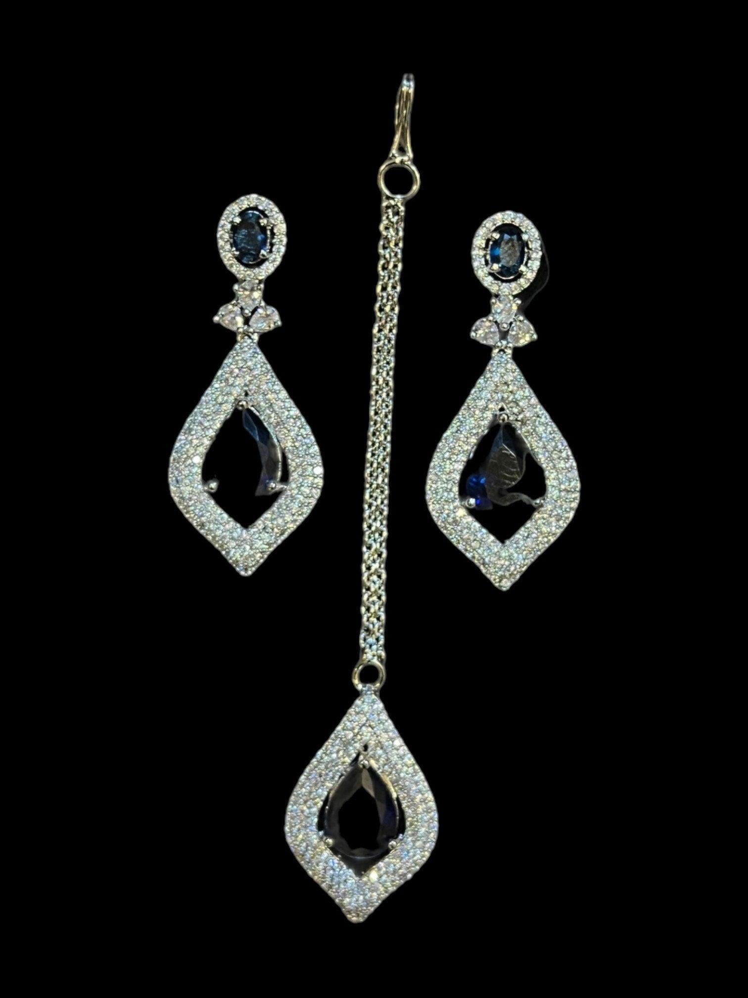 Bella Sapphire Blue CZ Necklace With Earrings and Tikka American Diamond CZ Necklace Emerald Choker Necklace Indian Cubic Zirconia Necklace