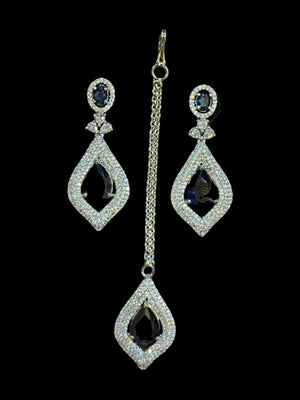 Bella Sapphire Blue CZ Necklace With Earrings and Tikka American Diamond CZ Necklace Emerald Choker Necklace Indian Cubic Zirconia Necklace