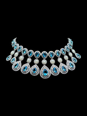 Kysha Aqua Light Blue CZ Pearl Choker with Earrings and Tikka Indian Bridal Indian Set American Diamond Necklace Set Crystal Necklace
