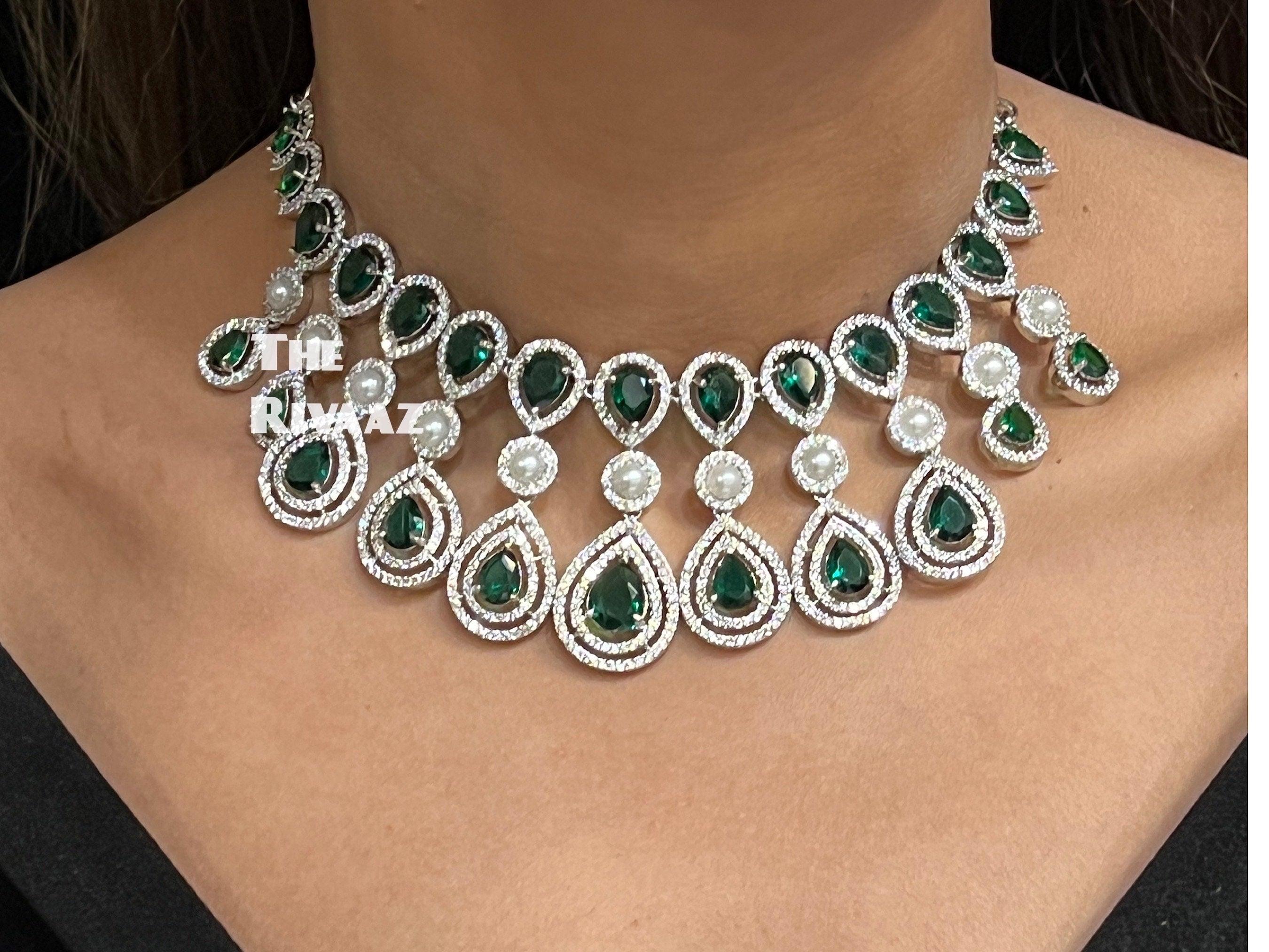 Kysha Emerald Diamond CZ Necklace Set American Diamond Necklace Set Rivaaz Jewelry Indian Choker Indian Jewelry Choker Necklace India Green