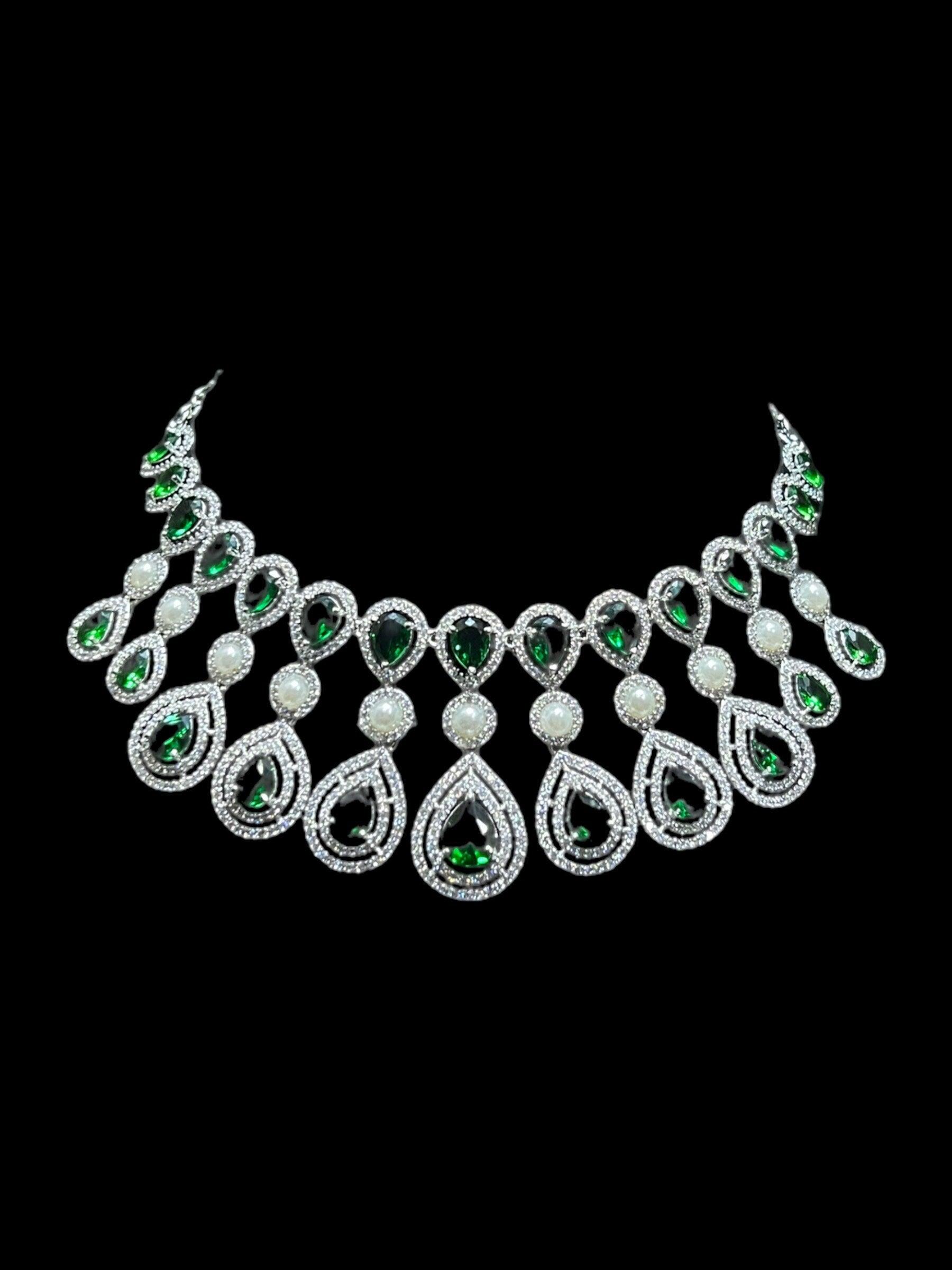 Kysha Emerald Diamond CZ Necklace Set American Diamond Necklace Set Rivaaz Jewelry Indian Choker Indian Jewelry Choker Necklace India Green