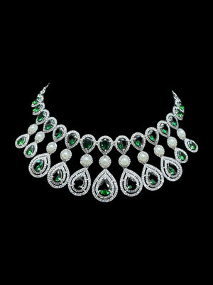 Kysha Emerald Diamond CZ Necklace Set American Diamond Necklace Set Rivaaz Jewelry Indian Choker Indian Jewelry Choker Necklace India Green