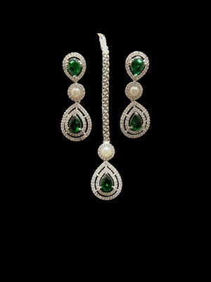 Kysha Emerald Diamond CZ Necklace Set American Diamond Necklace Set Rivaaz Jewelry Indian Choker Indian Jewelry Choker Necklace India Green